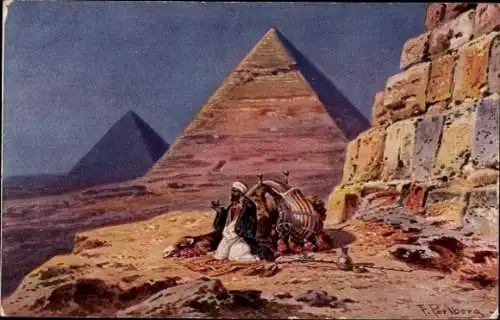 Künstler Ak Ägypten, Bei den Pyramiden in der Wüste