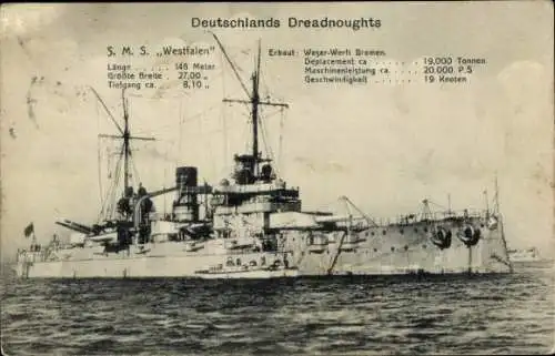 Ak Deutsches Kriegsschiff SMS Westfalen, Dreadnought, Kaiserliche Marine