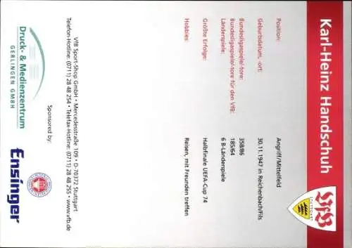 Autogrammkarte Fußball, Karl-Heinz Handschuh, VfB Stuttgart