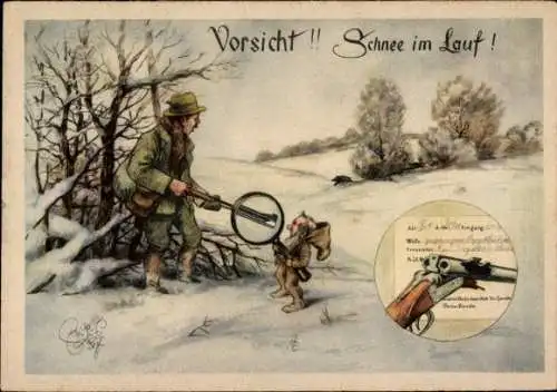 Künstler Ak Geilfus, H., Vorsicht, Schnee im Lauf, Jäger, Zwerg, Jagdunfall
