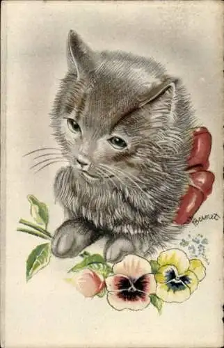 Künstler Ak Bernet, Graue Katze mit Schleife, Stiefmütterchen
