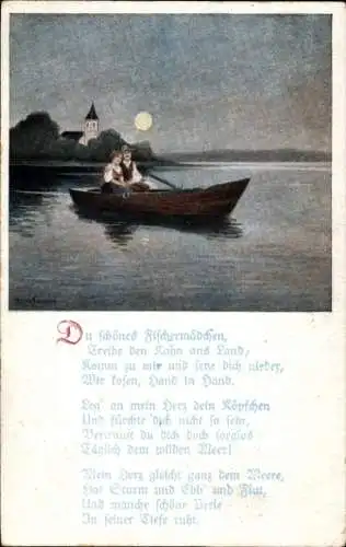 Mondschein Künstler Ak Hoffmann, A., Liebespaar im Ruderboot, Gedicht, Du schönes Fischermädchen...