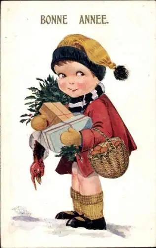 Künstler Ak Glückwunsch Neujahr, Kind, Geschenke, Stechpalme