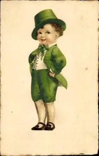 Ak Gemaltes Portrait eines Jungen, Grüner Hut, Hose, Schleife