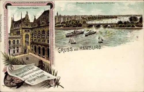 Litho Hamburg Mitte Altstadt, Aussen Alster, Lombardsbrücke, Rathaushof, Niemandes Herr