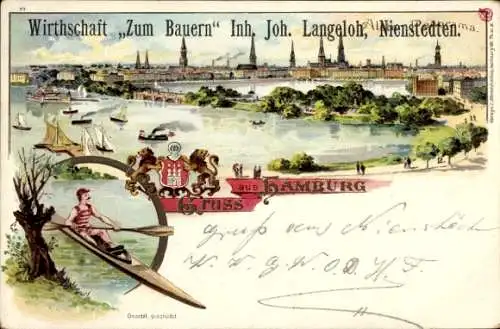 Litho Hamburg, Alsterpanorama, Kajak