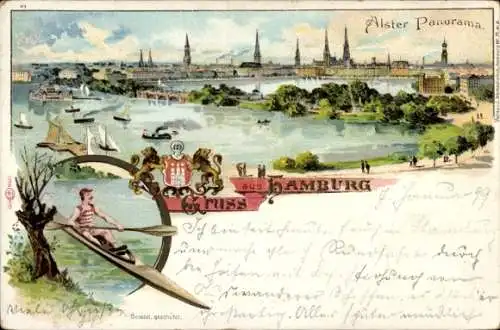 Litho Hamburg, Alsterpanorama, Kajak