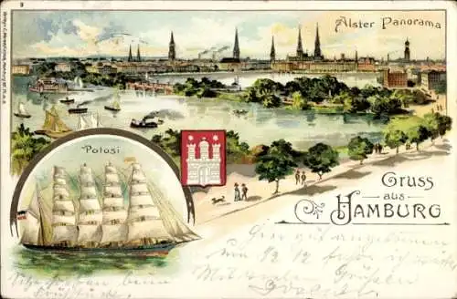 Litho Hamburg Altstadt, Alster Panorama, Segelschiff Potosi, Wappen