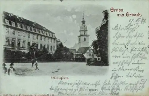 Mondschein Ak Erbach im Odenwald Hessen, Schloss, Schlossplatz, Kirche, Denkmal
