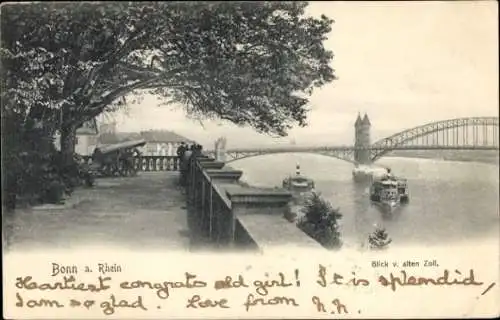 Ak Bonn am Rhein, Blick vom alten Zoll, Kanone, Dampfschiff, Rheinbrücke