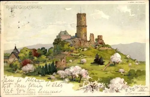 Künstler Litho Reiss, F., Godesberg Bonn am Rhein, Godesburg, Ruine Godesberg