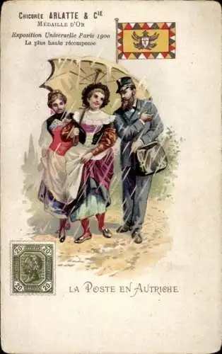 Briefmarken Litho Österreich, Briefträger, Frauen in Volkstrachten, Regenschirm, Wappen