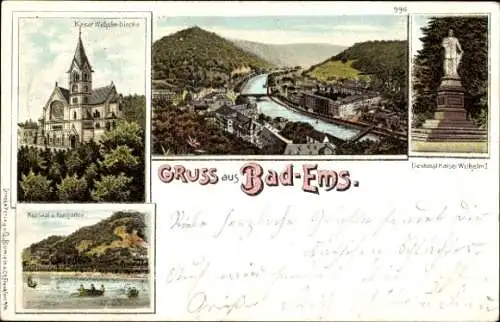 Litho Bad Ems an der Lahn, Kaiser-Wilhelm-Kirche, Kursaal, Kurgarten, Denkmal Kaiser Wilhelm I.