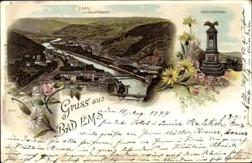 Litho Bad Ems an der Lahn, Totalansicht, Kriegerdenkmal