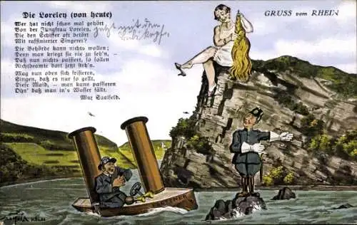 Ak Sankt Goarshausen am Rhein, Loreley, Gedicht Die Loreley von heute, Max Saalfeld