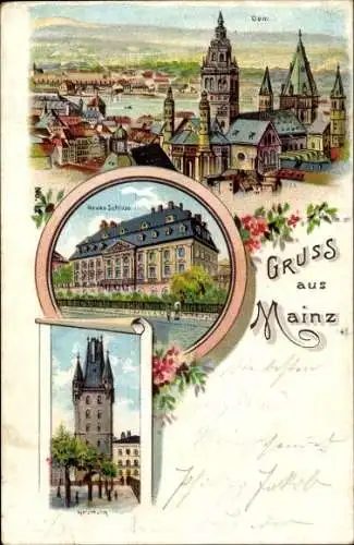 Litho Mainz am Rhein, Holzturm, neues Schloss, Dom