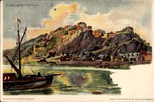 Künstler Litho Pfaff, C., Ehrenbreitstein Koblenz am Rhein, Blick auf den Ort
