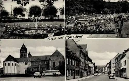 Ak Bendorf in Rheinland Pfalz, Wasserfontäne, Freibad, Straßenpartie, Kirche