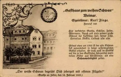 Künstler Ak Starcke, R., Weimar in Thüringen, Gasthaus zum weißen Schwan, Gedicht