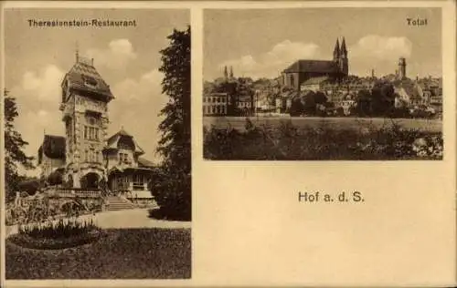 Ak Hof an der Saale Oberfranken Bayern, Theresienstein-Restaurant, Totalansicht, Kirche