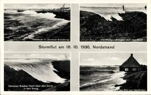 Ak Norderhafen Insel Nordstrand in Nordfriesland, Sturmflut 18.10.1936, Seedeich, Nordhafen