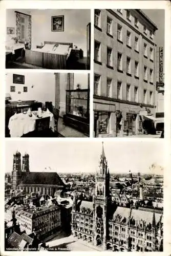 Ak München, Rathaus, Frauenkirche, Hotel Pension Schalk, Herzogspitalstraße 1