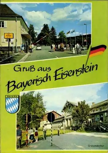 Ak Bayerisch Eisenstein im Bayrischen Wald Niederbayern, Grenzbahnhof, Schranke