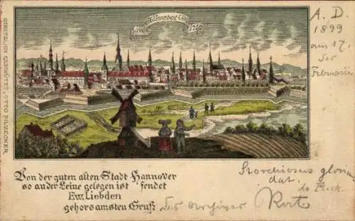 Litho Hannover in Niedersachsen, Stadtansicht im Jahr 1750, Gedicht