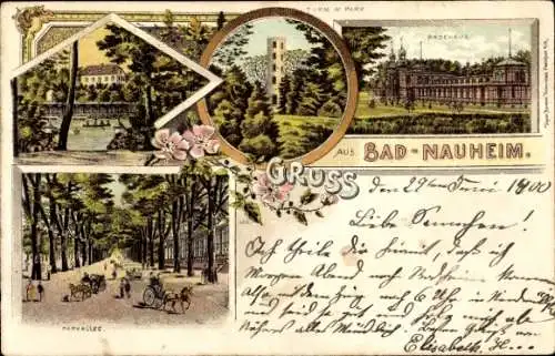 Litho Bad Nauheim in Hessen, Badehaus, Parkallee, Turm im Park