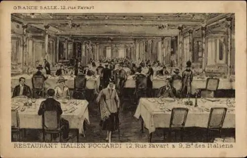 Künstler CPA Paris II, Rue Favart, Boulevard des Italiens, Poccardi Restaurant Italien, Grande Salle