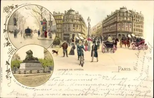 Ak Litho Bourse de Paris II, Avenue de l'Opéra, der Löwe von Belfort