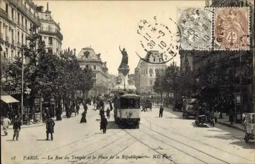Ak Paris Temple, Rue du Temple und Place de la République, Straßenbahn