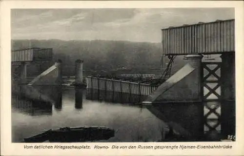 Ak Kaunas Kowno Kauen Litauen, Die von Russen gesprengte Njemen Eisenbahnbrücke, I. WK