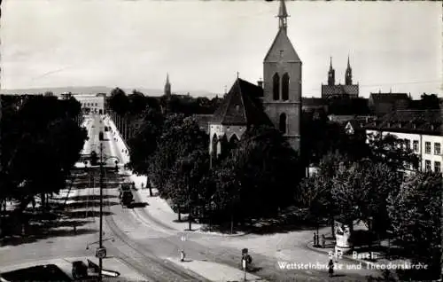 Ak Basel Stadt Schweiz, Wettsteinbrücke, Theodorskirche