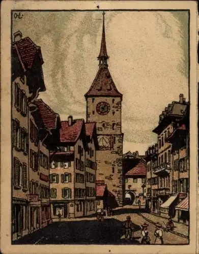 Steindruck Ak Aarau Kanton Aargau, Obertor Turm, Kalender, Reklame Graphische Werkstätten