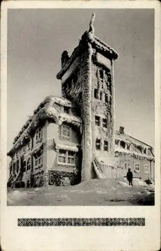 Ak Ještěd Jeschken Region Reichenberg, Gipfelhaus im Winter
