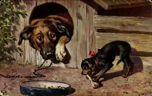 Künstler Ak Hund in Hundehütte, kleiner Hund mit Knochen