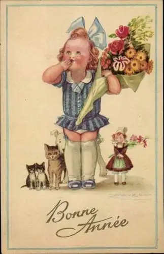 Künstler Ak Mauzan, Glückwunsch Neujahr, Mädchem mit Blumenstraße, Katzen, Puppe