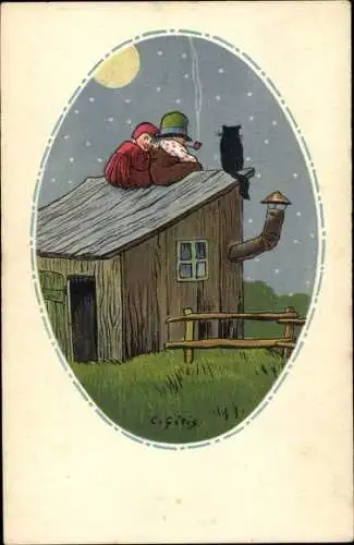 Künstler Ak Katze und ein Bauernpaar auf dem Dach ihrer Hütte, Mondschein, Sternenhimmel