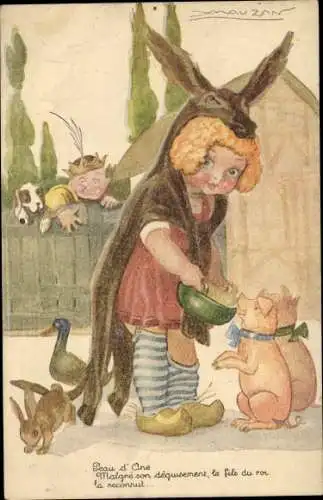 Künstler Litho Mauzan, Märchen, Eselshaut, Mädchen füttert Schweine