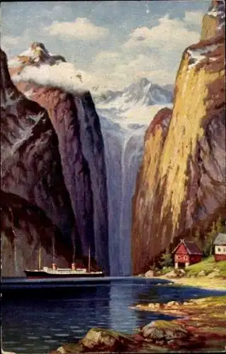 Künstler Ak Hoy, W., Norwegen, Fjord, Dampfschiff