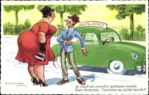 Künstler Ak Chaperon, Jean, Dicke Frau, Fahrlehrer, Fahrschule
