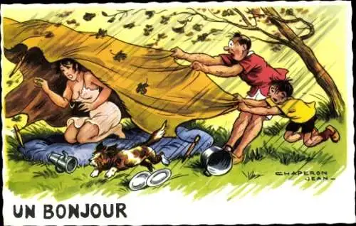 Künstler Ak Chaperon, Jean, Zelt fliegt im Sturm weg, Frau im Unterhemd, Busen