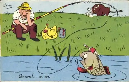 Künstler Ak Schlafender Angler, Fisch hält ihm den leeren Haken hin
