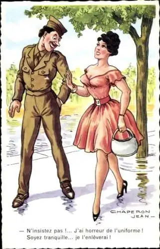 Künstler Ak Chaperon Jean, Soldat in Uniform, Frau im kurzen Kleid mit großem Busen