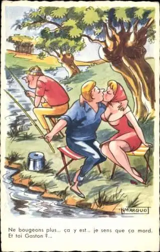 Künstler Ak Marquo, Angler, küssendes Paar