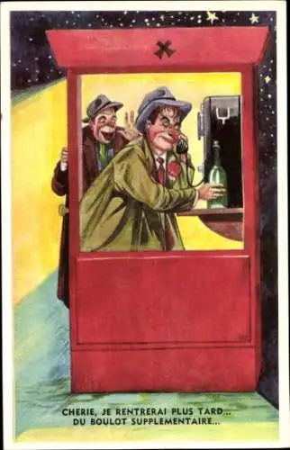 Künstler Ak Betrunkener Mann in der Telefonzelle