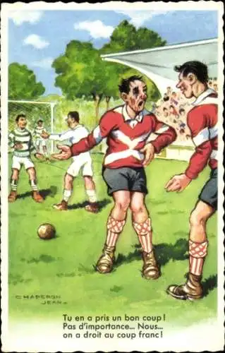 Künstler Ak Chaperon, Jean, Männer beim Fußball, blutige Nase