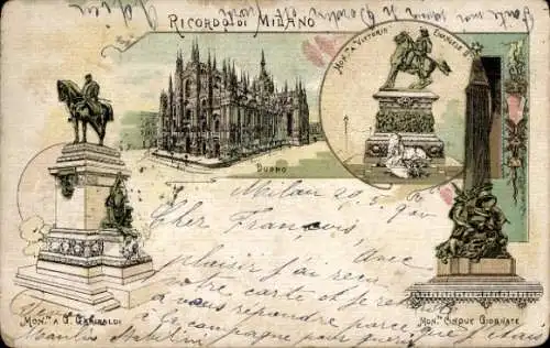 Litho Milano Mailand Lombardia, Monumento a Giuseppe Garibaldi, Vittorio Emanuele II, Duomo