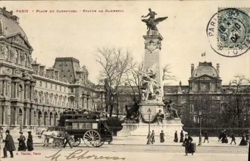 Ak Paris I Louvre, Place du Carrousel, Statue von Gambetta, Kutsche